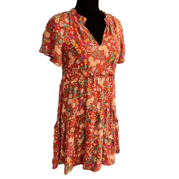 ANTHROPOLOGIE Red Robin Floral Ruffles Spliced Neck Tiered Mini Dress Size XXS - Picture 2 of 12